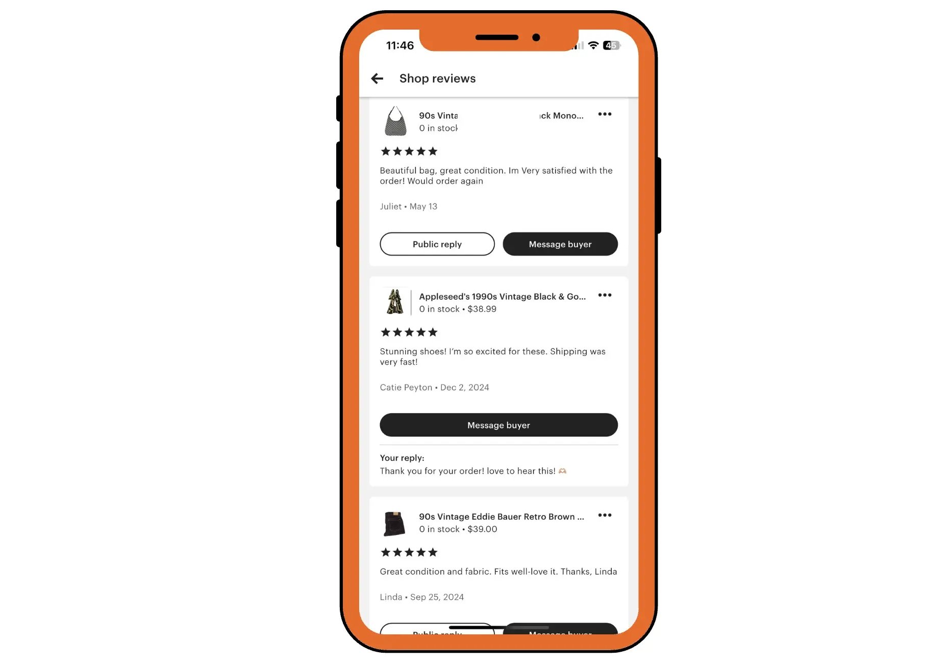 Leaving a Review on Etsy Mobile View