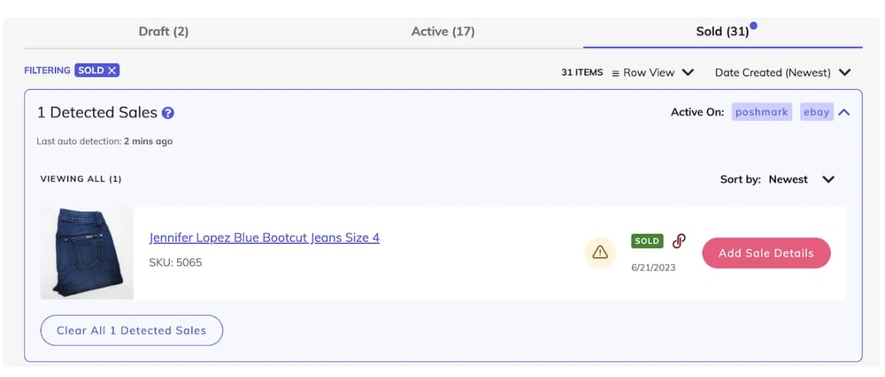Vendoo Software Sale Detection View