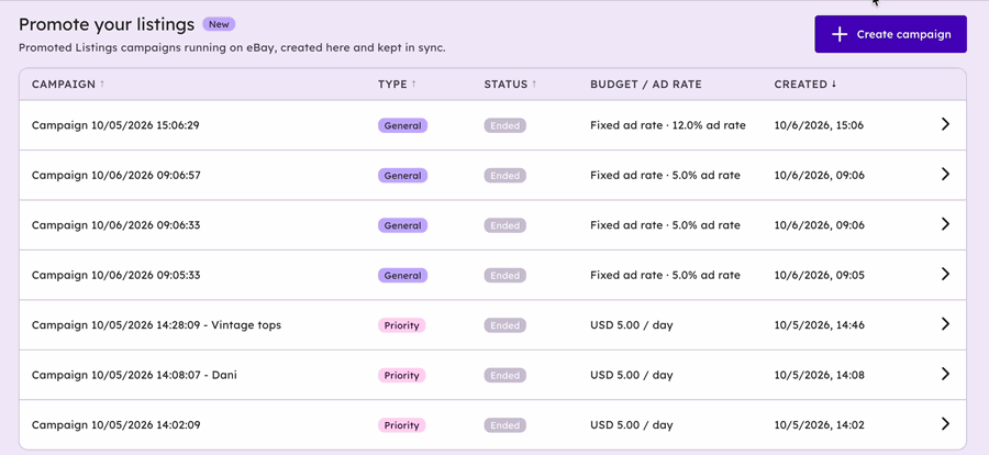 Creating an eBay Promoted Listings campaign in Vendoo: campaign type, ad rate strategy, and Smart or Manual targeting