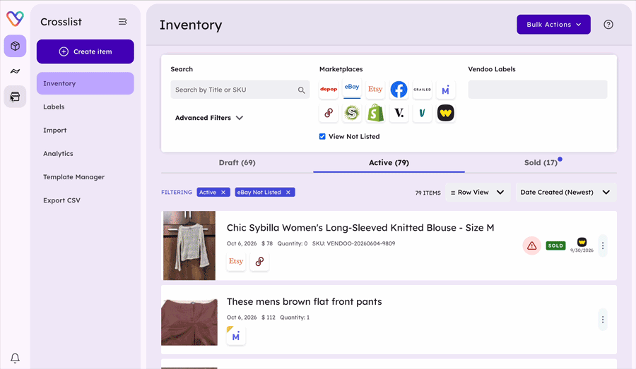 Opening Marketplace Connections, then eBay, then Manage in Vendoo to view and create eBay Promoted Listings campaigns